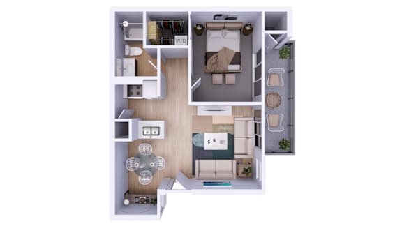 Floor Plan  A floor plan of a small apartment with a kitchen, living room, and bedroom.