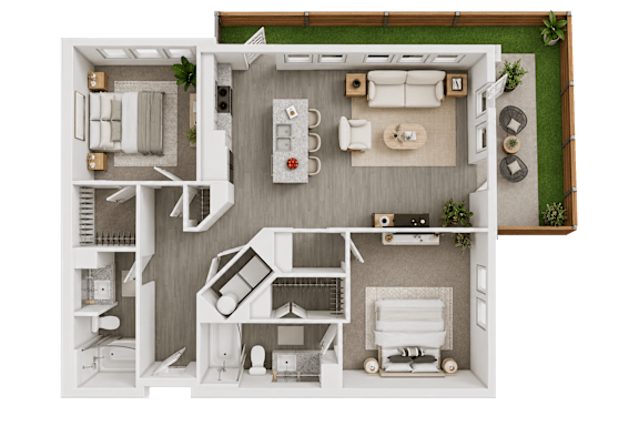 A detailed 3D floor plan of a modern apartment.