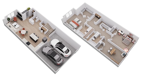 Floor Plan  Two house floor plans with cars and furniture.