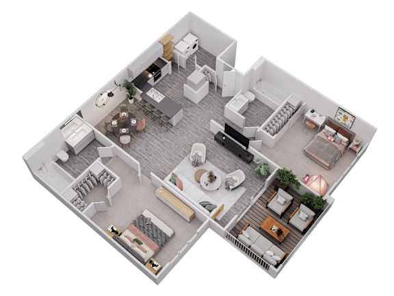 Floor Plan  A 3D floor plan of a house with a kitchen, living room, dining room, and two bedrooms.