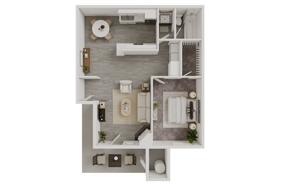 Floor Plan  A top-down view of a small, neatly organized apartment with a kitchen, living room, and bathroom.