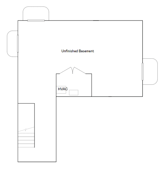 A drawing of an unfinished basement with a HVAC unit.