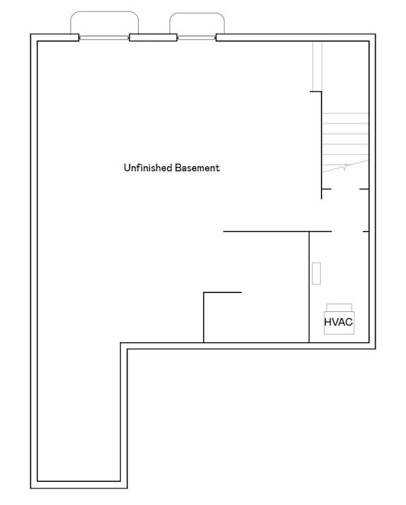 A drawing of an unfinished basement with a HVAC unit.