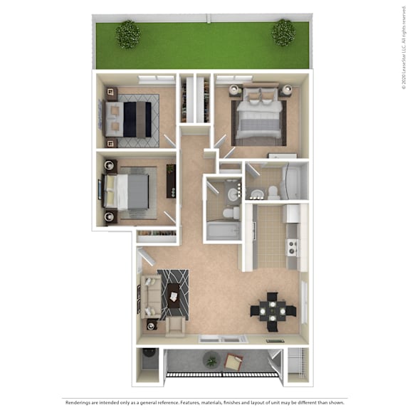 A floor plan of a house with a kitchen, living room, and two bedrooms.