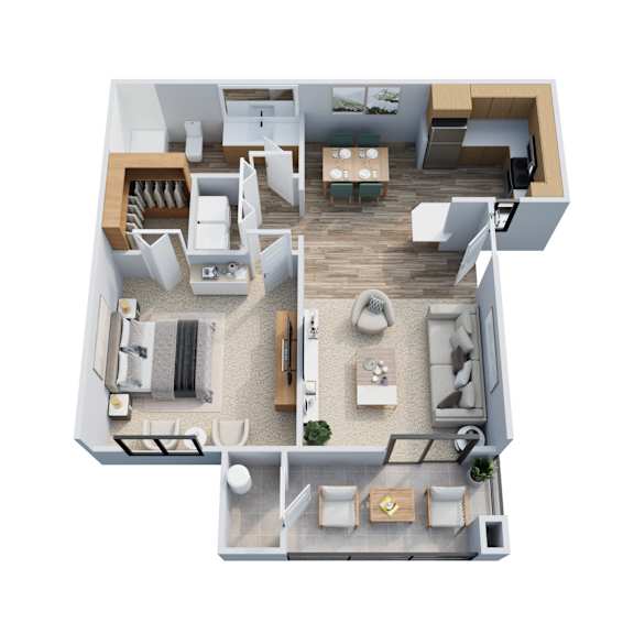 Floor Plan  A top-down view of a modern apartment layout with a living room, kitchen, dining area, and bathroom.