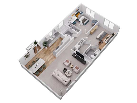 A 3D floor plan of a house with a kitchen, living room, and bedrooms.