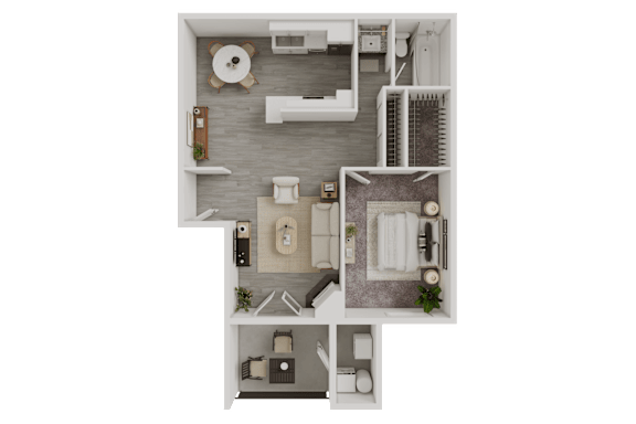 Floor Plan  A top-down view of a small apartment with a kitchen, living room, and bathroom.