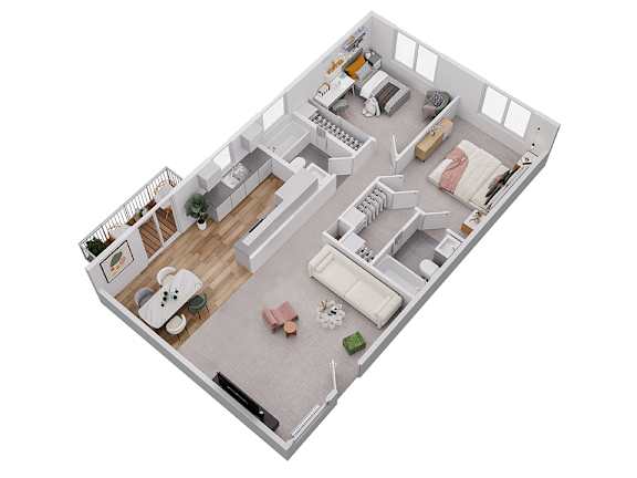 A 3D floor plan of a small apartment with a kitchen, living room, and bedroom.
