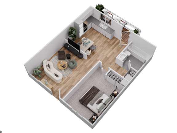 Floor Plan  A top-down view of a modern apartment layout with a living room, kitchen, and bathroom.