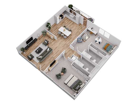 Floor Plan  A top-down view of a modern apartment layout with a living room, kitchen, dining area, and bedrooms.