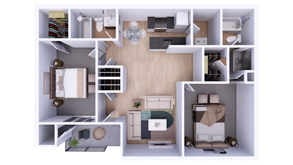 Floor Plan  A top-down view of a small apartment layout with a living room, kitchen, and bedroom.