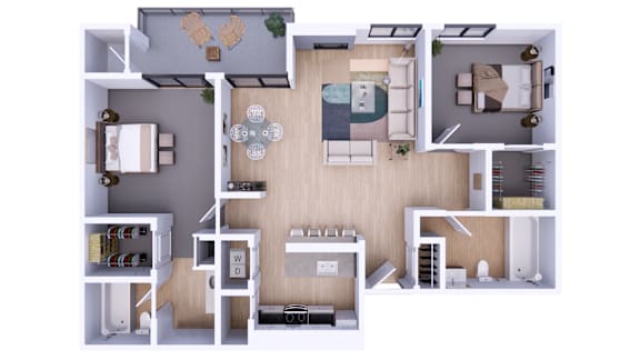 Floor Plan  A top-down view of a small apartment with a kitchen, living room, and bedroom.