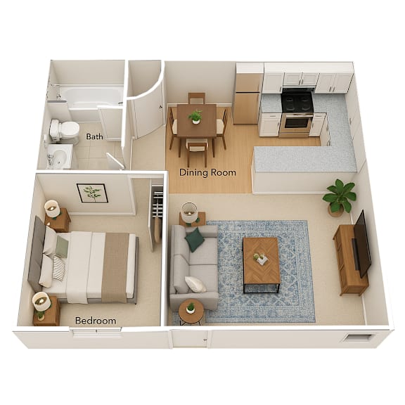 A 3D floor plan of a small apartment with a bedroom, dining room, and bathroom.