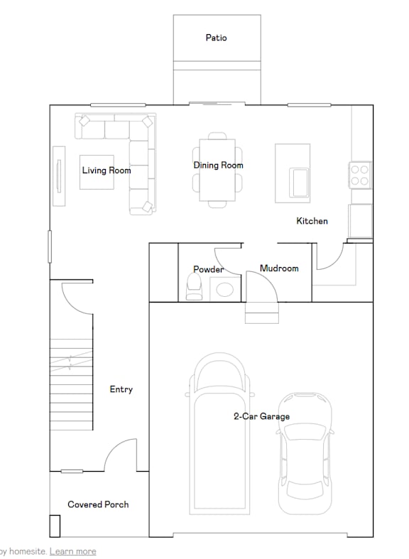 A floor plan of a home with a living room, dining room, kitchen, patio, entry, covered porch, 2-car garage, and a powder room.