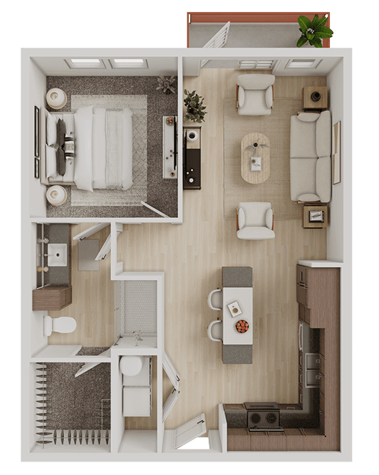 One bedroom floor plan with open living area at Matilda at Lower Greenville Apartments, Dallas