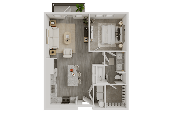 3D floor plan showing one bedroom and open layout at Avion at West Lemmon Apartments, Dallas, Texas