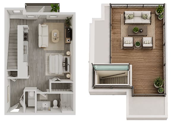 Two images of a dollhouse interior, one with a grey floor and the other with a wooden floor.