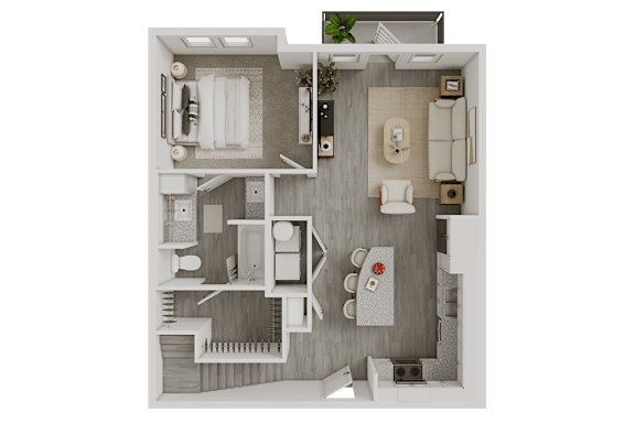 One bedroom apartment 3D floor plan layout at Avion at West Lemmon Apartments, Dallas