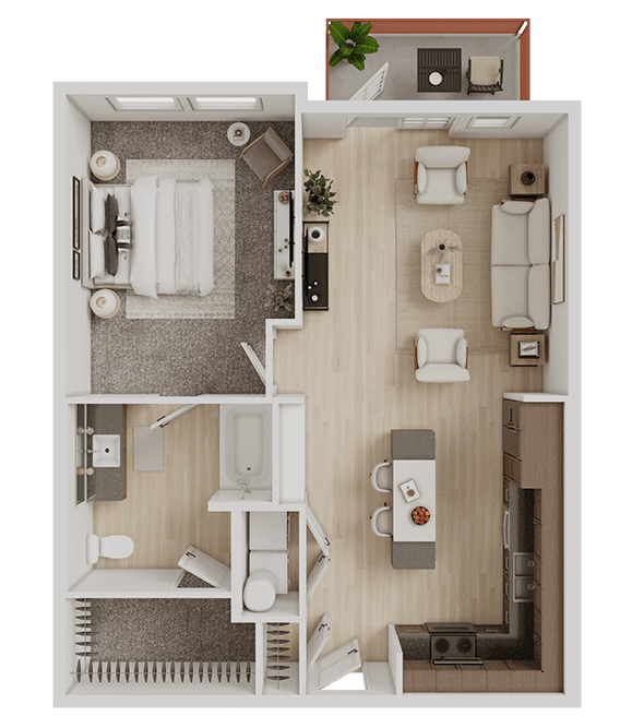 One bedroom apartment layout with living area 3D view at Matilda at Lower Greenville Apartments, Dallas, TX
