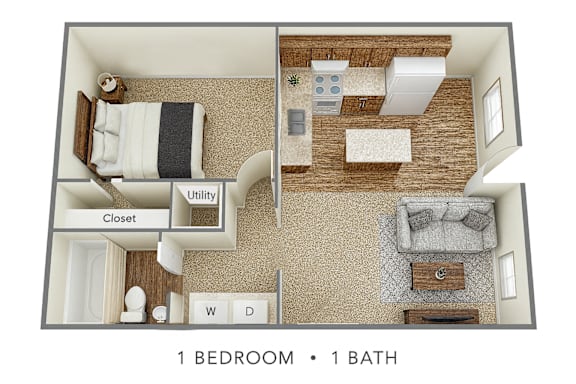 Floor Plan  The 525 square foot one bedroom apartment includes a private room with large closet. Includes a full bath with tub, shower, sink and toilet. Kitchen and living room are open, kitchen is fully equipped to include a table island for seating