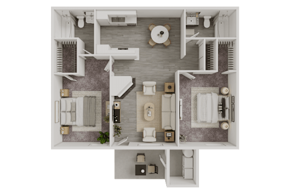 Floor Plan  A top-down view of a house layout with a kitchen, living room, and bathrooms.