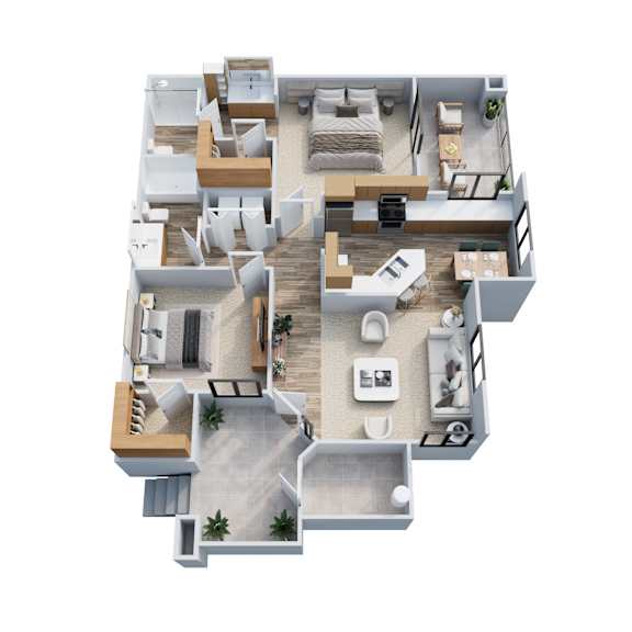 A top-down view of a house layout with multiple rooms and furniture.