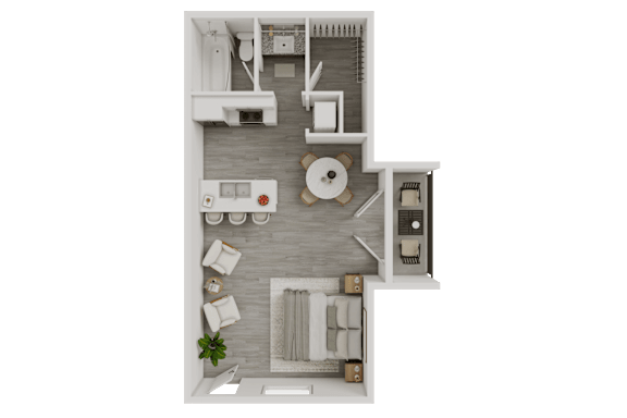 Floor Plan  A top-down view of a small apartment with a kitchen, living room, and bathroom.