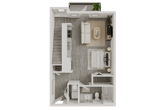 3D floor plan with living area and bathroom at Avion at West Lemmon Apartments, Texas, 75235