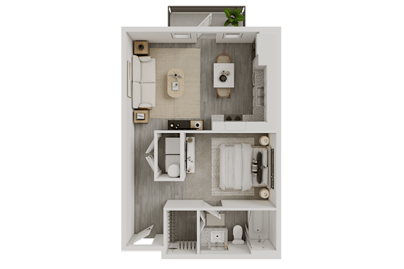 3D one bedroom apartment layout with balcony at Avion at West Lemmon Apartments, Dallas, TX 75235