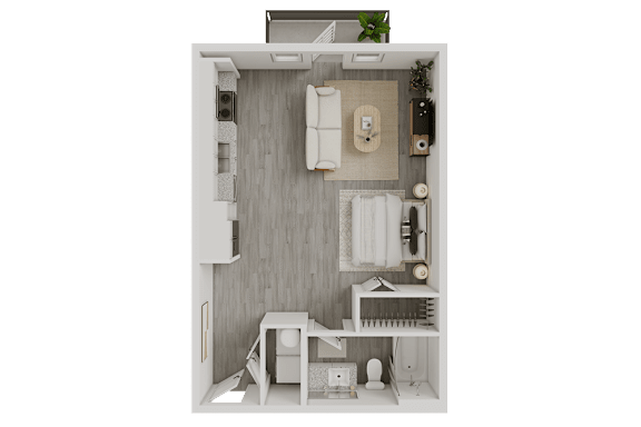 Studio floor plan with kitchenette and bathroom at Avion at West Lemmon Apartments, Dallas, TX