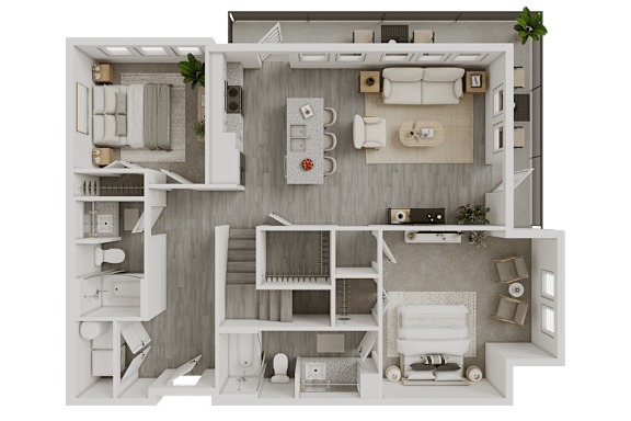 Two bedroom apartment 3D floor plan layout at Avion at West Lemmon Apartments, Dallas, Texas