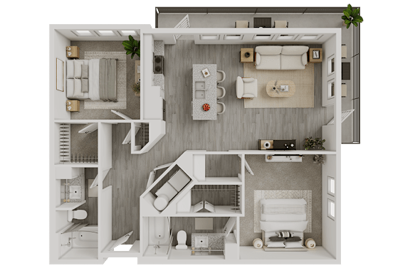 3D two bedroom apartment floor plan layout at Avion at West Lemmon Apartments, Texas