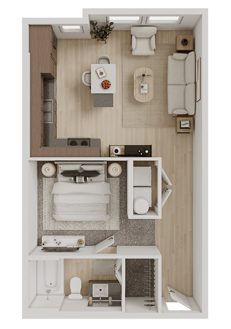Studio apartment 3D floor plan with open layout at Matilda at Lower Greenville Apartments, Dallas