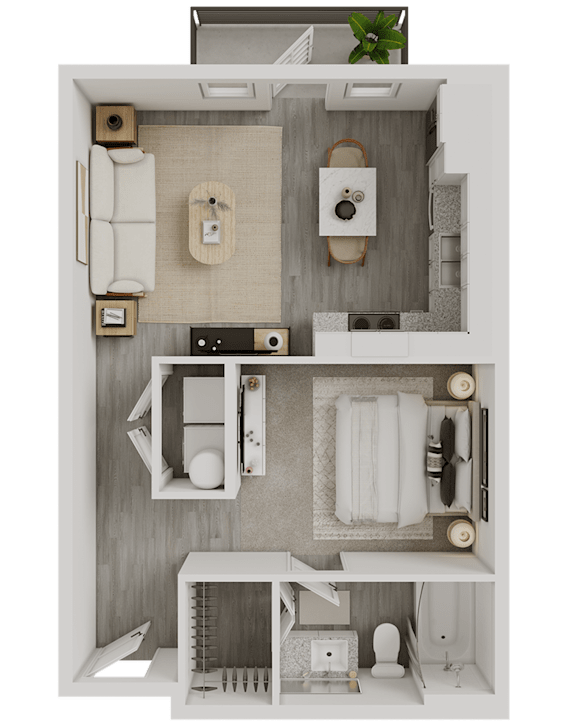 A top-down view of a small, neatly organized bathroom with a toilet, sink, bathtub, and a couch.