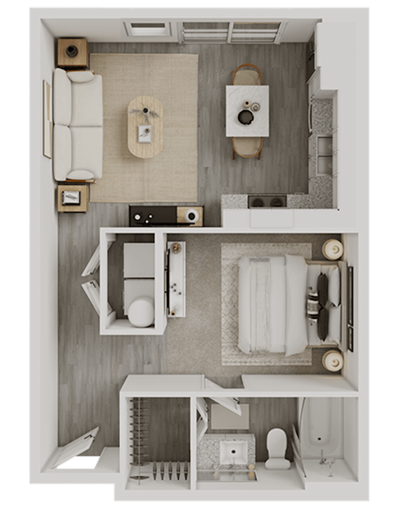 A top-down view of a small, neatly organized bathroom with a toilet, sink, and bathtub.