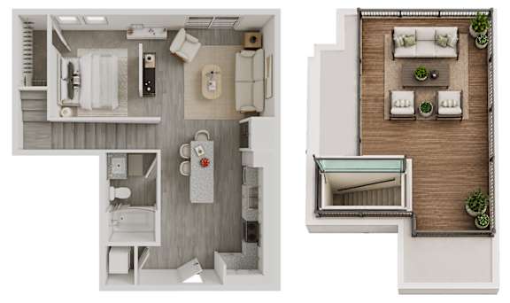 A top-down view of a small apartment with a kitchen, living room, and bathroom.