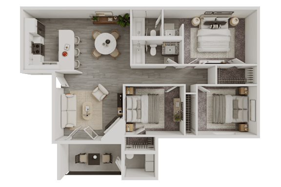 Floor Plan  A 3D floor plan of a house with a kitchen, living room, and two bedrooms.