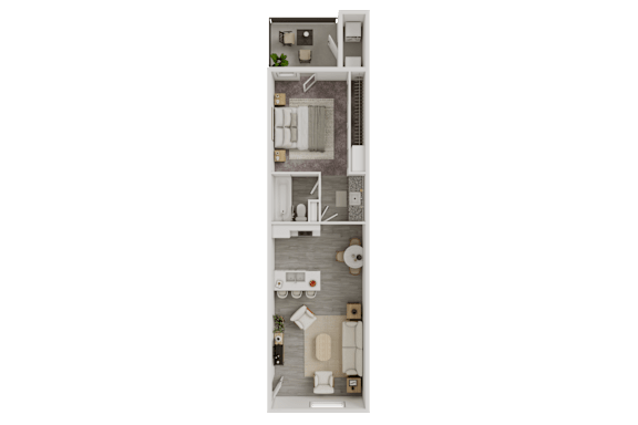 A floor plan of a small apartment with a kitchen, living room, and bathroom.