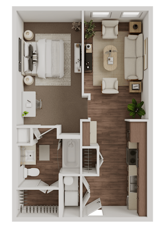 3D one bedroom floor plan with living and kitchen areas at The Mark at Midtown Apartments, Dallas, Texas