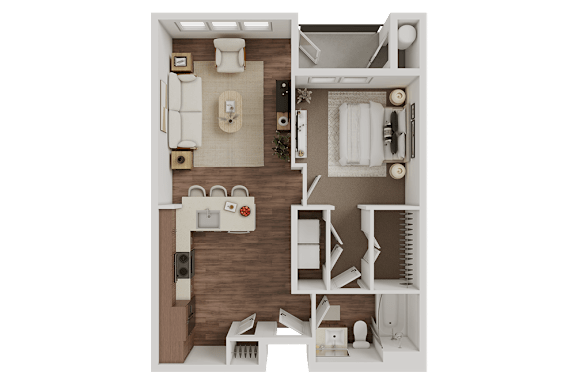 1 bed 1 bath floorplan with walk-in closet at The Mark at Midtown Apartments, Texas