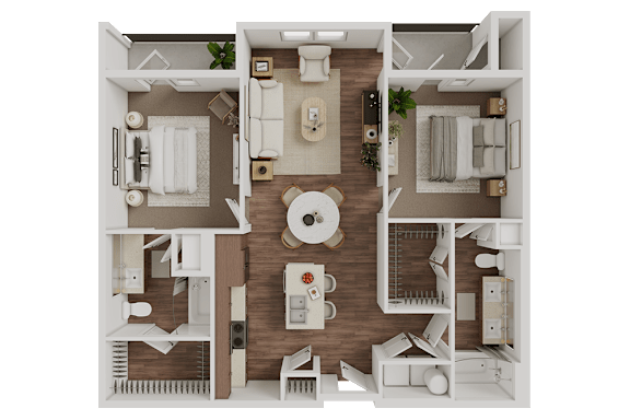A detailed 3D floor plan of a house layout.