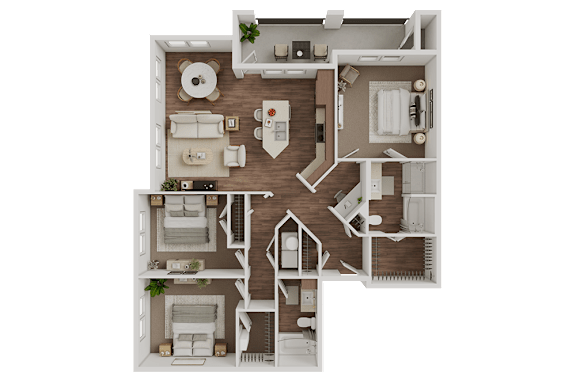 A detailed 3D floor plan of a two-story residential apartment.