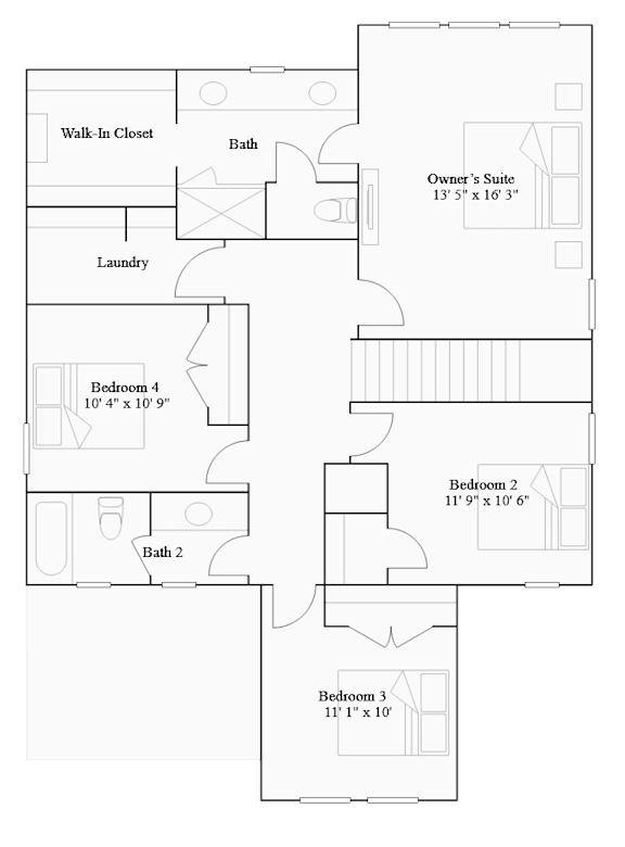 A floor plan of an apartment with three bedrooms and a laundry room.