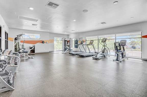 A spacious gym with a variety of exercise equipment.