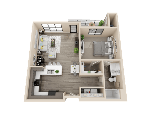 Floor Plan  A 3D floor plan of a house with a kitchen, living room, dining room, and two bedrooms.