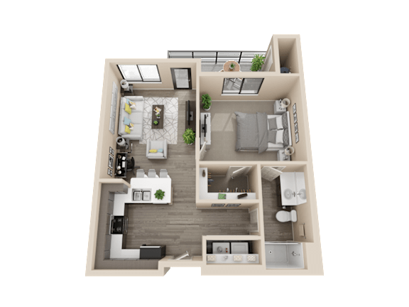 Floor Plan  A 3D floor plan of a small apartment with a kitchen, living room, and bedroom.