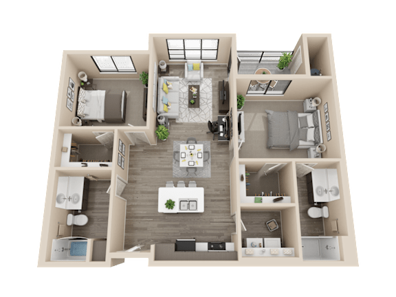 A 3D floor plan of a house with a central open space and surrounding rooms.
