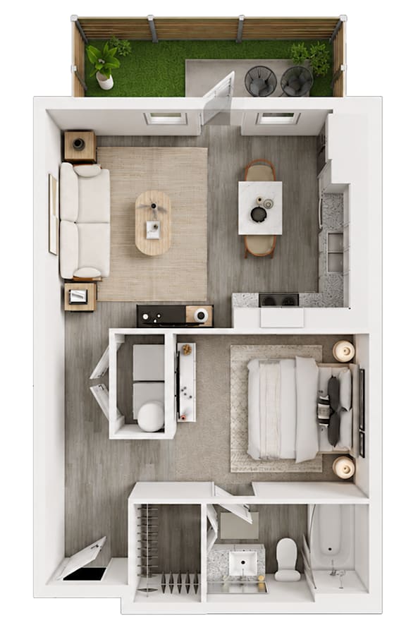 A top-down view of a small, neatly organized apartment with a living area, kitchen, and bathroom.