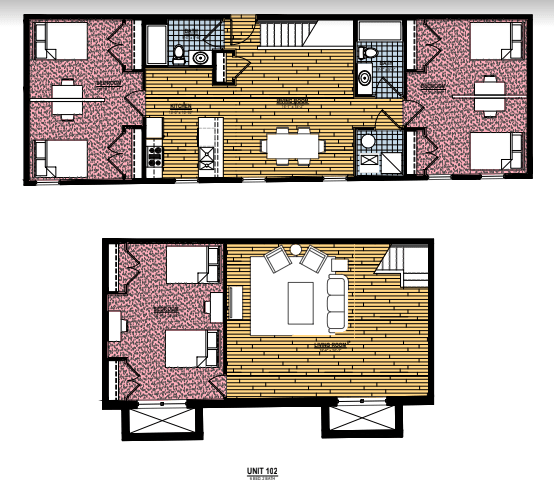 A floor plan of a unit with a living room, kitchen, and two bedrooms.