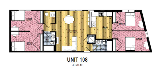 A floor plan of a unit with a central open space and rooms surrounding it.